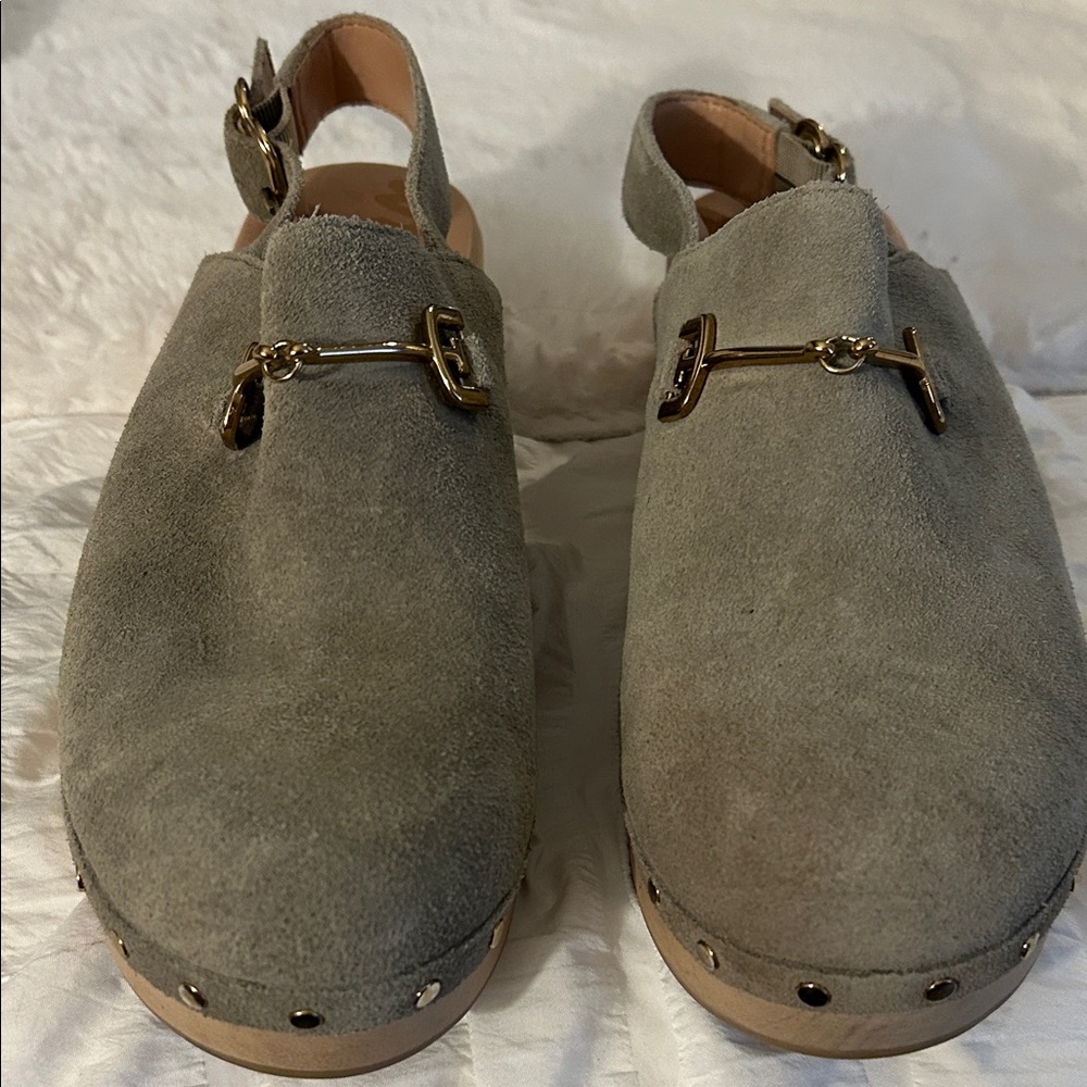 Sam Edelman Suede Buckle Clogs with Gold Accents
